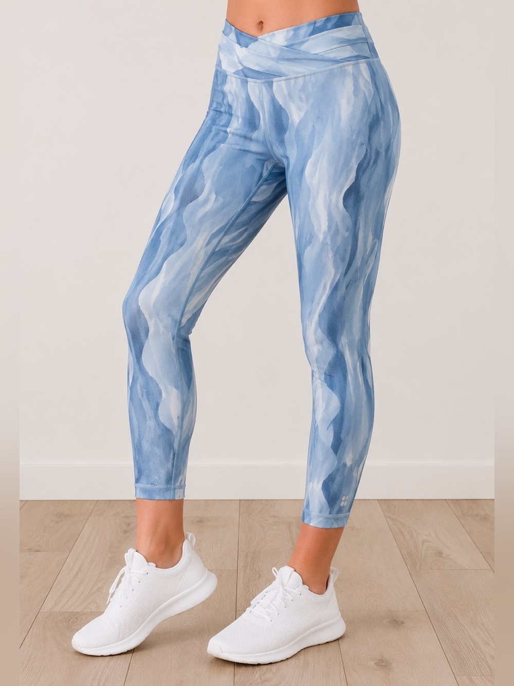 Sweaty Betty All Day 7/8 Leggings Blue Abstract Print Cross Waist Size L US 10